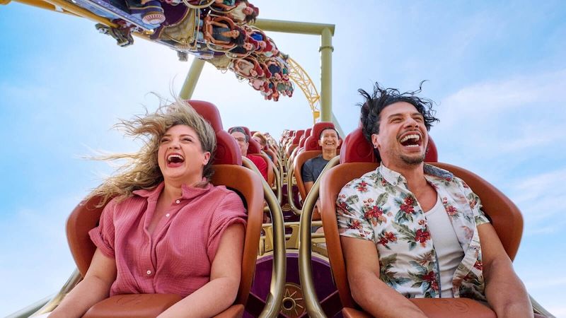 Riders scream as they fly through the air on Stardust Racers dual-launch rollercoaster in Celestial Park at Universal Epic Universe.